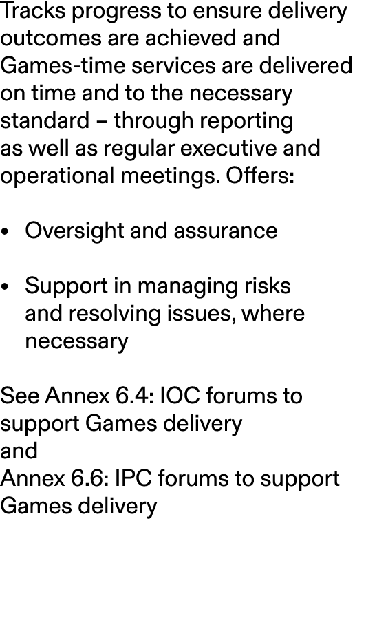 Tracks progress to ensure delivery outcomes are achieved and Games time services are delivered on time and to the nec...