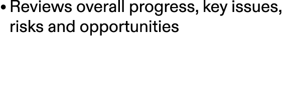 • Reviews overall progress, key issues, risks and opportunities 