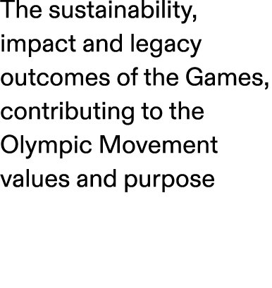 The sustainability, impact and legacy outcomes of the Games, contributing to the Olympic Movement values and purpose