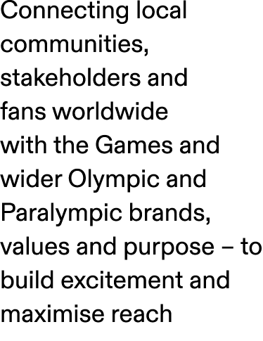 Connecting local communities, stakeholders and fans worldwide with the Games and wider Olympic and Paralympic brands,...