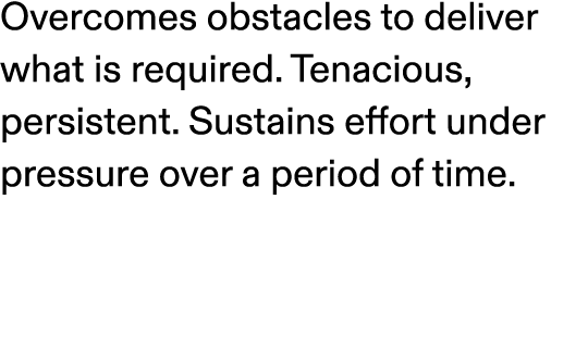 Overcomes obstacles to deliver what is required. Tenacious, persistent. Sustains effort under pressure over a period ...