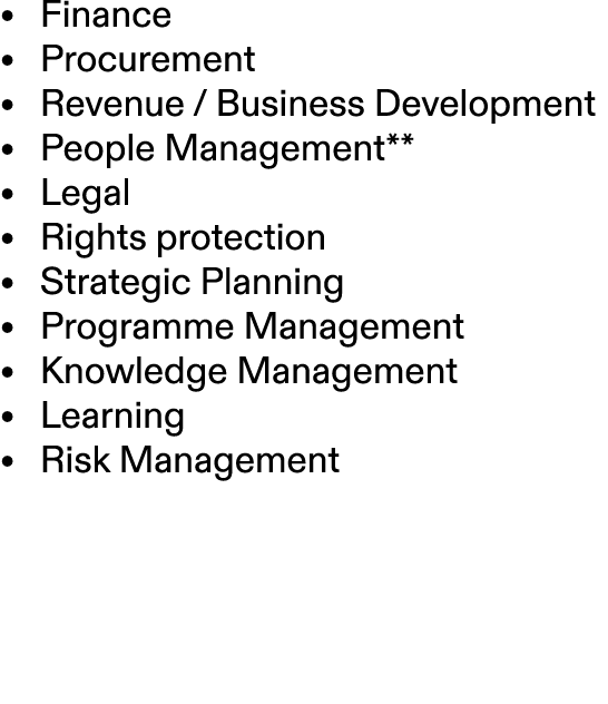 • Finance • Procurement • Revenue / Business Development • People Management** • Legal • Rights protection • Strategi...