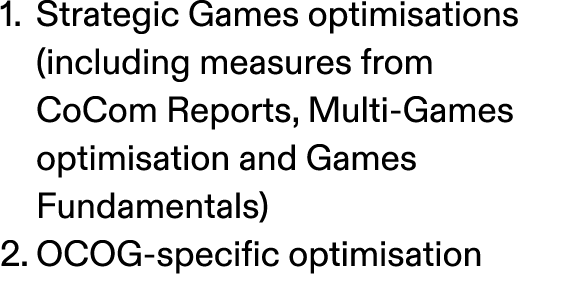 1. Strategic Games optimisations (including measures from CoCom Reports, Multi Games optimisation and Games Fundament...