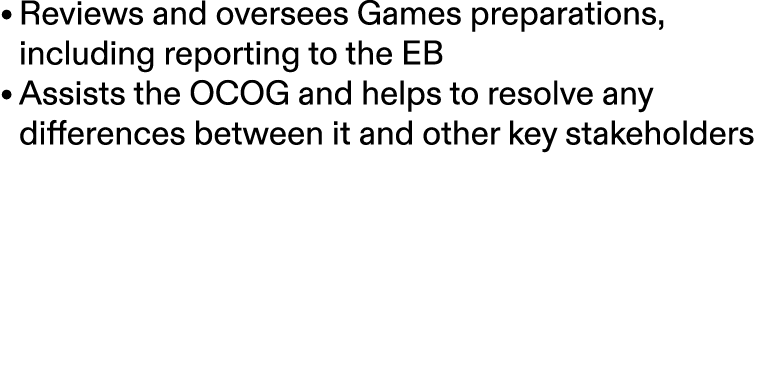 • Reviews and oversees Games preparations, including reporting to the EB • Assists the OCOG and helps to resolve any ...