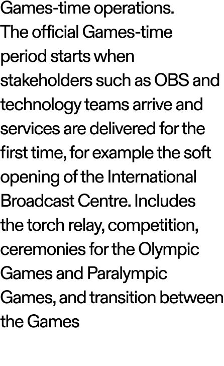Games time operations. The official Games time period starts when stakeholders such as OBS and technology teams arriv...
